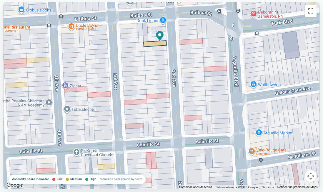 Assessify map search showing scored property parcels
